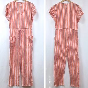 En Creme Jumpsuit Striped Elastic Waist Pockets Keyhole Beachy Cotton Orange S